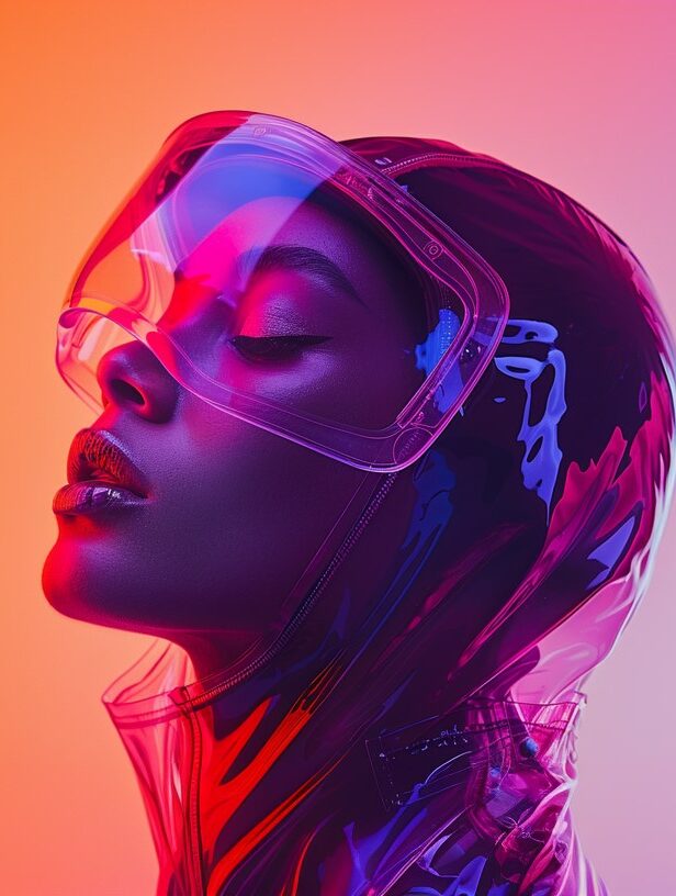 A person wearing futuristic, reflective headgear and visor stands against a gradient orange-to-purple background. The image, crafted with generative AI, features vibrant, neon lighting.
